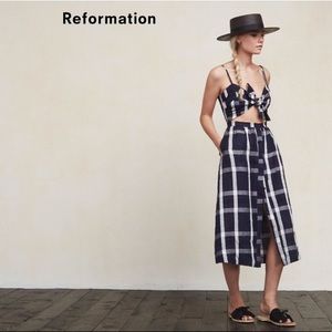 Reformation Riley Dress Navy Plaid Midi Dress Size 4